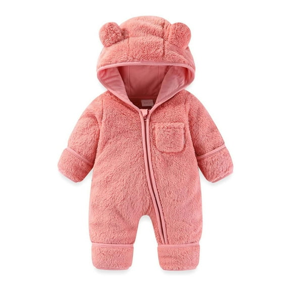 Riecok Baby Boy Girls Winter Warm Rompers Fleece Thick Onesie Cute Bear Ears Hooded Winter Infant Clothes Pink 0 Month