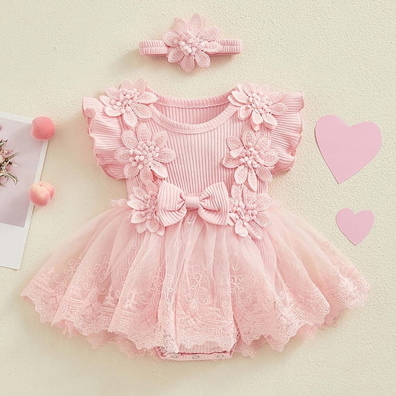 Riecok Baby Girl Infant 1st Birthday Princess Romper Dress Mesh Skirt 3D Flower Applique Ruffle Sleeve Occasion Dressy Pink 0 M