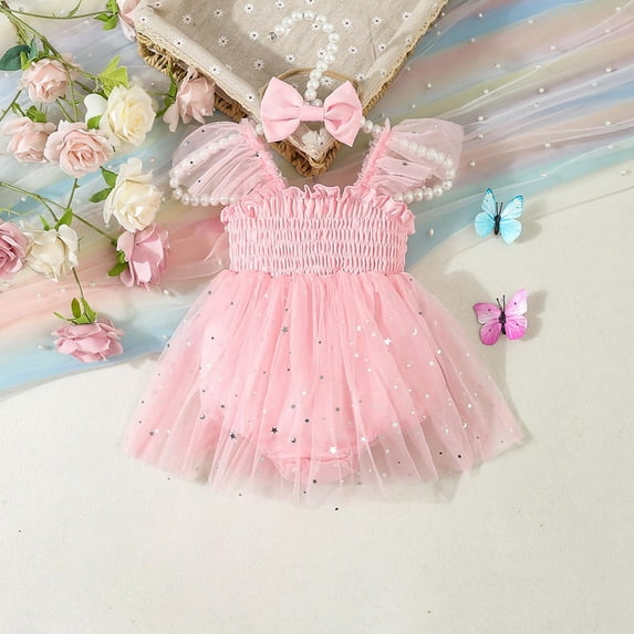 Riecok Baby Girl Summer Princess Romper Dress Headband Set Flutter Sleeve Sequin Smocked Ruffles 0-18 Months Pink 0 M