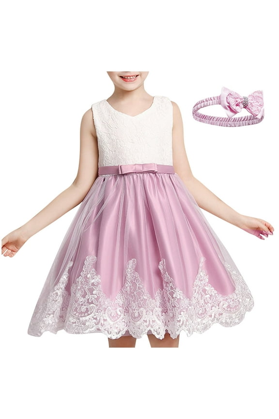Baby Girls' Sleeveless Dressy 110 Sleeveless Round-Neck Ruffled Lace Embroidery Summer Princess Bow Skirt Indoor Outdoor Party Performance Purple 4 Years