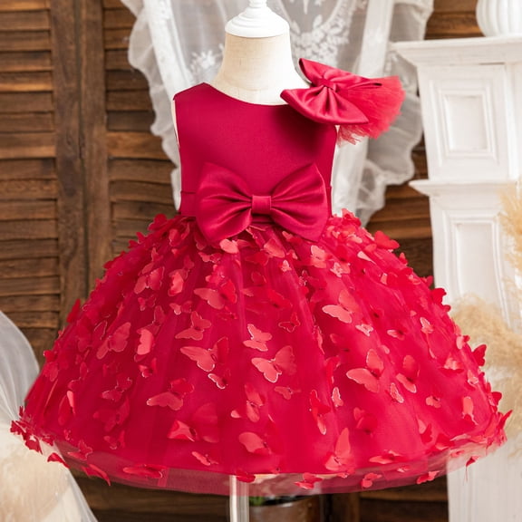 Riecok Baby Girls' Sleeveless Dressy 90/3Y Sleeveless Round-Neck Ruffled Lace Embroidery Summer Princess Bow Skirt Indoor Outdoor Party Performance Red 3 Years