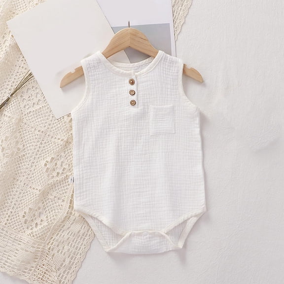 Riecok Baby Infant Toddler Cotton Sleeveless Onesie Romper Plain Color Round Neck Breathable Soft Summer Clothes 0-24 Months White 3 M