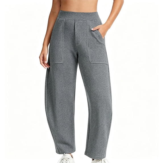 Riecok Barrel Leg Sweatpants Women Elastic High Waist Cropped Pant Pull on Wide Leg Pant Solid Casual Fall Trouser with Pockets Dark Gray S