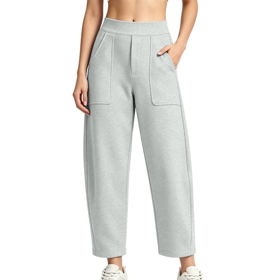 Riecok Barrel Leg Sweatpants Women Elastic High Waist Cropped Pant Pull on Wide Leg Pant Solid Casual Fall Trouser with Pockets Gray S
