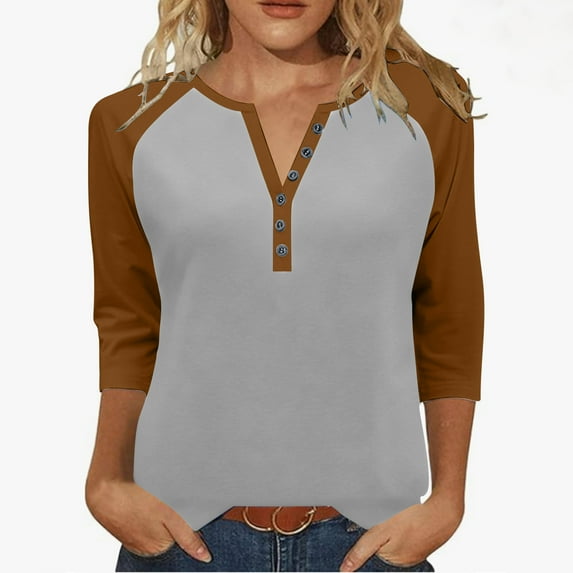 Riecok Basic Shirts for Women Round Neck Button Down Tops Solid Color 3/4 Sleeve Blouses Soft Warm Clothes