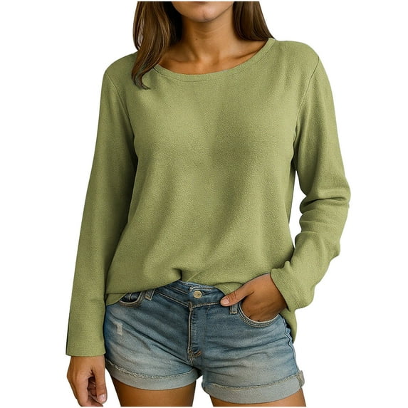 Riecok Basic Shirts for Women Round Neck Pullover Tops Solid Color Long Sleeve Blouses Baggy Cozy Clothes