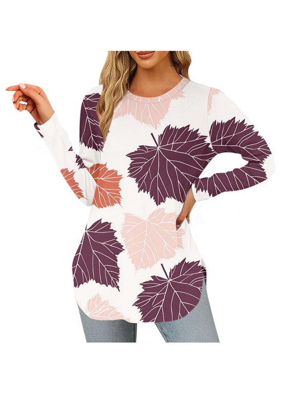 Basic Shirts for Women Round Neck Tunic Tops Maple Leaf Print Long Sleeve Blouses Warm Dressy Clothes