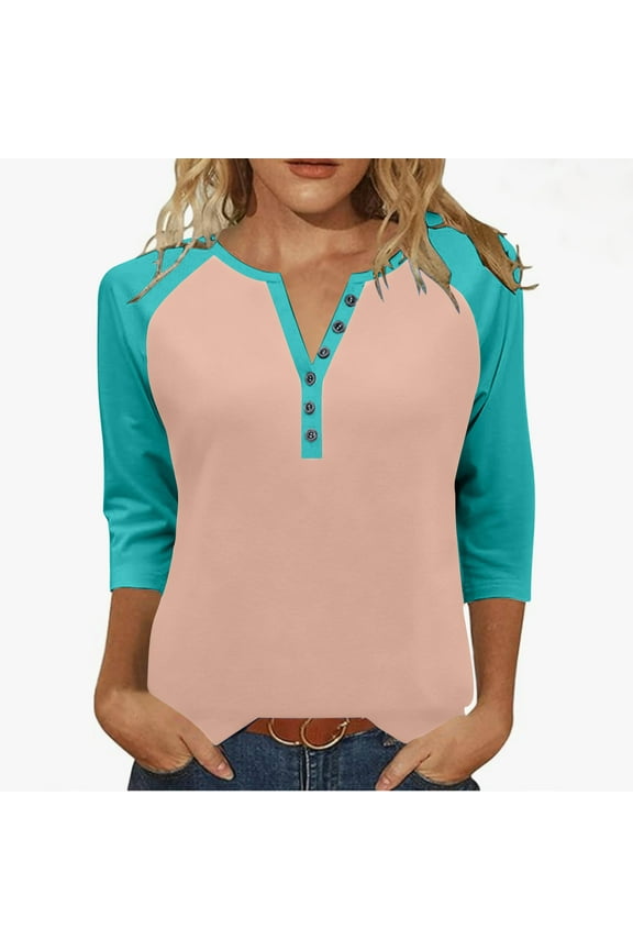 Basic Shirts for Women V Neck Button Down Tops Color Block Raglan 3/4 Sleeve Blouses Casual Cozy Clothes