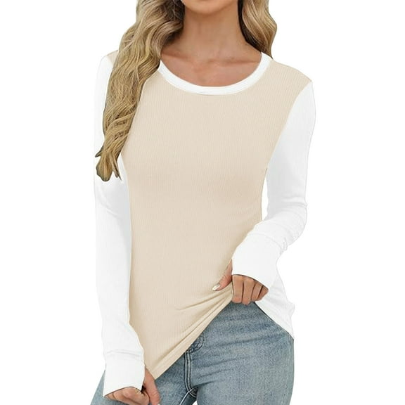 Riecok Basic Tees for Women Fitted Long Sleeve Crewneck Pullover with Thumb Holes Ribbed Knit Tops Casual Dressy Blouses