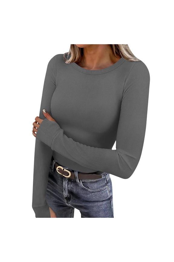 Basic Tees for Women Fitted Long Sleeve Solid Crewneck Pullover Ribbed Knit Fleece Lined Tops Warm Fall Blouses