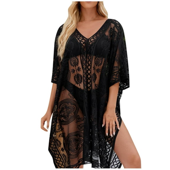 Riecok Beach Cover Up for Women Black Short Sleeve V Neck Hollow out Swimsuit Cover Ups Summer Vacation Outfits