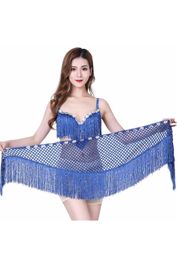 Belly Dance Hip Scarf Rhinestone Wrap Fringe Skirt Hollow out Lightweight Cocktail Party Mini Skirt Blue Free Size