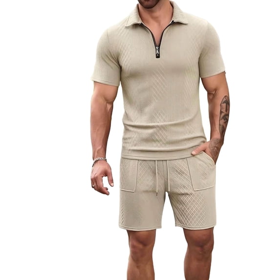 Riecok Big and Tall Short Sets 2 Piece Lounge Sets Collared Short Sleeve Zip Tops and Drawstring Shorts Loose Outfits Khaki L