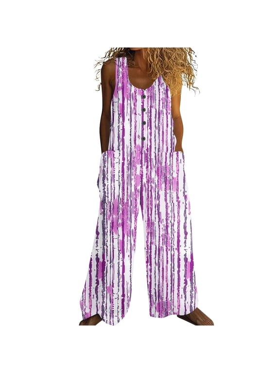 Boho Overalls for Women Sleeveless One Piece Rompers Button down Casual Vacation Jumpsuits with Pockets