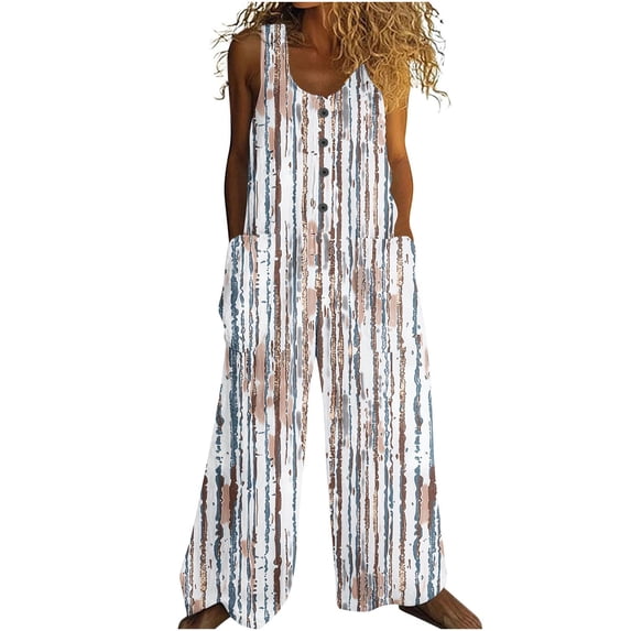 Riecok Boho Overalls for Women Sleeveless One Piece Rompers Button down Casual Vacation Jumpsuits with Pockets