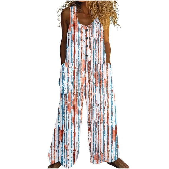 Riecok Boho Overalls for Women Sleeveless One Piece Rompers Button down Casual Vacation Jumpsuits with Pockets