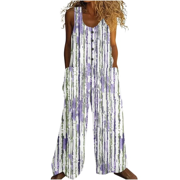 Riecok Boho Overalls for Women Sleeveless One Piece Rompers Button down Casual Vacation Jumpsuits with Pockets