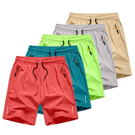 Riecok Boy Gym Shorts Pack 5 Pack Drawstring Quick Dry Workout Shorts Solid Running Daily Wear with Pockets