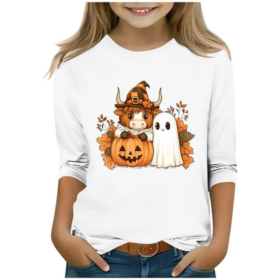 Riecok Boys Girls Long Sleeve Tee Halloween Round Neck Ghost Printed 3/4 Sleeve Tees Shirts for Boys Girls White 7-8Years