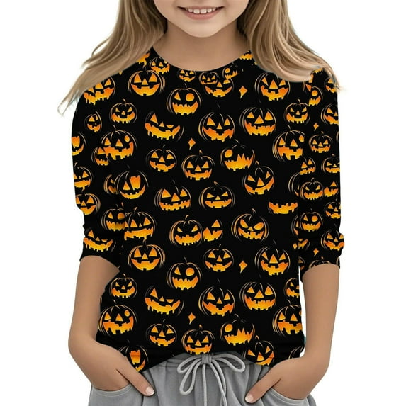 Riecok Boys Girls Long Sleeve Tee Halloween Round Neck Pumpkin Printed 3/4 Sleeve Tees Shirts for Boys Girls Multicolor 11 Years