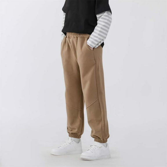 Riecok Boys Jogger Sweatpants Elastic Waist with Pockets Solid Color Casual Trackpants Khaki 12 Years