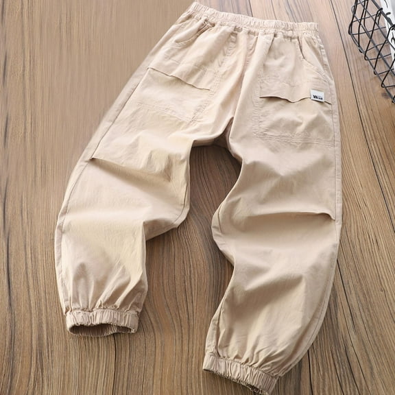 Riecok Boys Jogger Sweatpants Elastic Waist with Pockets Solid Color Casual Trackpants Khaki 5 Years