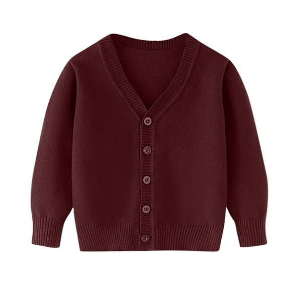 Riecok Boys Knitted Cardigan V Neck Long Sleeve Uniform Solid Color Button down Kids Winter Jacket Wine 2-3Years