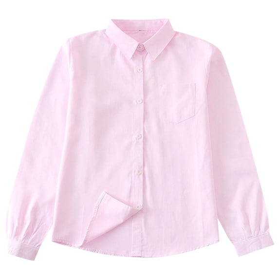 Riecok Button down Shirts Girls White Lapel Collared Solid Blouse Long Sleeve Basic Dress Tops with Pocket
