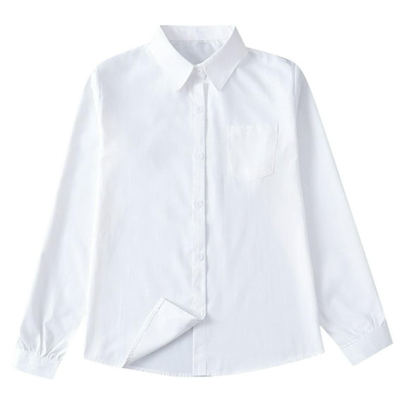 Riecok Button down Shirts Girls White Lapel Collared Solid Blouse Long Sleeve Basic Dress Tops with Pocket