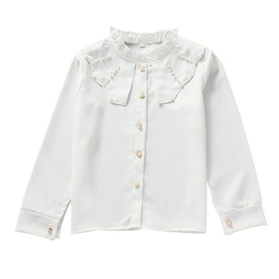 Riecok Button down Shirts Girls White Lapel Collared Solid Blouse Long Sleeve Breathable Basic Dressy Dress Tops