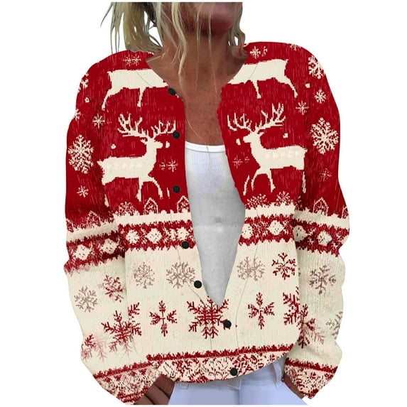 Riecok Cable Knit Cardigan for Women Christmas Long Sleeve Button Down Sweaters Reindeer Print Fall Tops Casual Loose Clothes