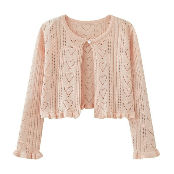 Riecok Cardigan Sweater for Girls Crewneck Long Sleeve Hollow out Solid Color One Button Dress Cover Ups Pink 18 Months