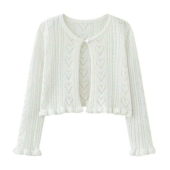 Riecok Cardigan Sweater for Girls Crewneck Long Sleeve Hollow out Solid Color One Button Dress Cover Ups White 2 Years