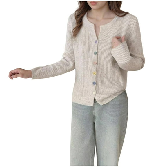 qelini Cardigans for Women Crewneck Sweaters Solid Button down Long Sleeve Tops Dressy Casual Outerwear