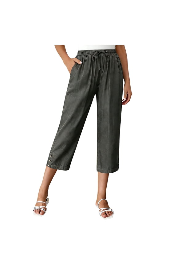 Cargo Capri Pants for Women Wide Leg Drawstring Pants Elastic Waist Palazzo Pants Button Decorated Trousers with Pockets