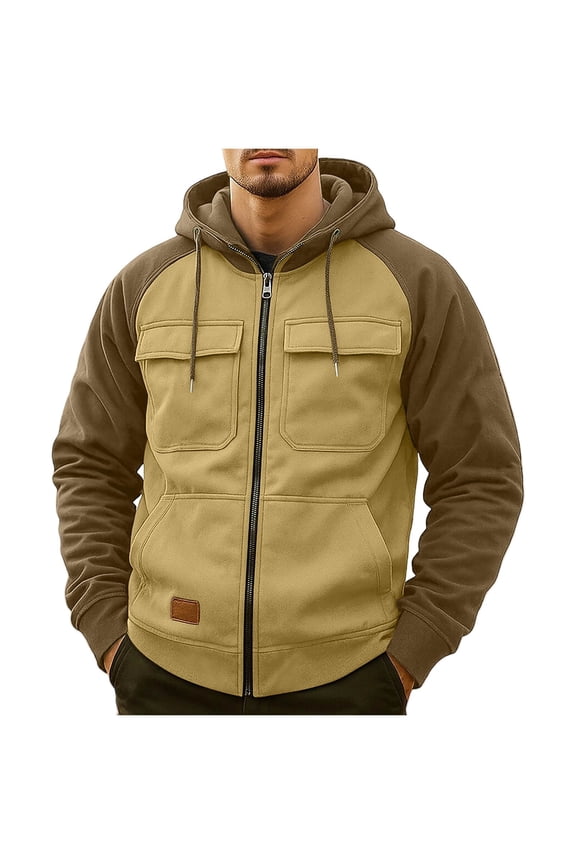 Cargo Hoodies for Men Long Sleeve Hooded Jackets Coats with Pockets Solid Color Casual Athletic Clothes Drawstring