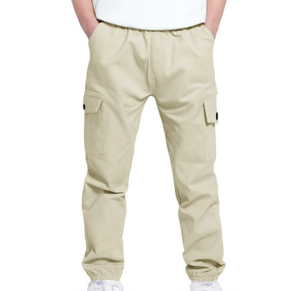 Riecok Cargo Pants for Boys Elastic Waist Casual Jogging Trousers Bottom with Pockets Solid Color Pull on Pants Beige 12 Years