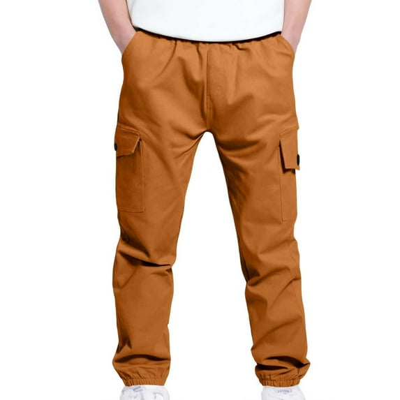 Riecok Cargo Pants for Boys Elastic Waist Casual Jogging Trousers Bottom with Pockets Solid Color Pull on Pants Orange 8 Years