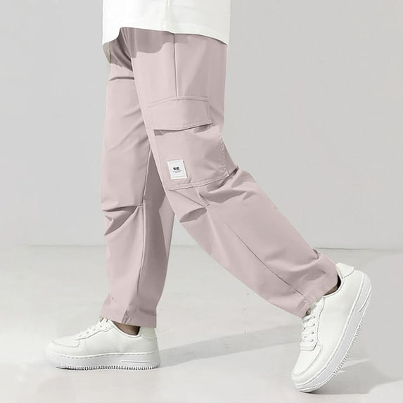 Riecok Cargo Pants for Boys Elastic Waist Casual Jogging Trousers Bottom with Pockets Solid Color Pull on Pants Pink 10-11Years