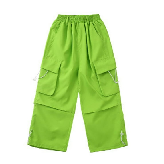 Riecok Cargo Pants for Girls Elastic Waist Casual Jogging Trousers Bottom with Pockets Solid Color Sweatpants Green 140