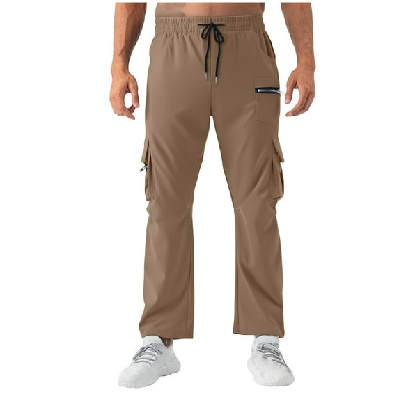 Riecok Cargo Pants for Men Elastic Waist Drawstring Solid Color Active Athletic Casual Cargo Pants with Pocket Yellow M