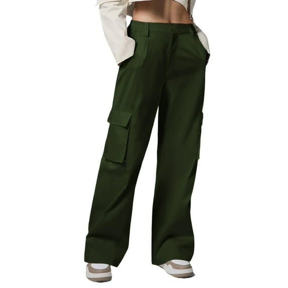qelini Cargo Pants for Women Elastic Waist Pants Solid Straight Leg Pants Casual Loose Trousers with Pockets