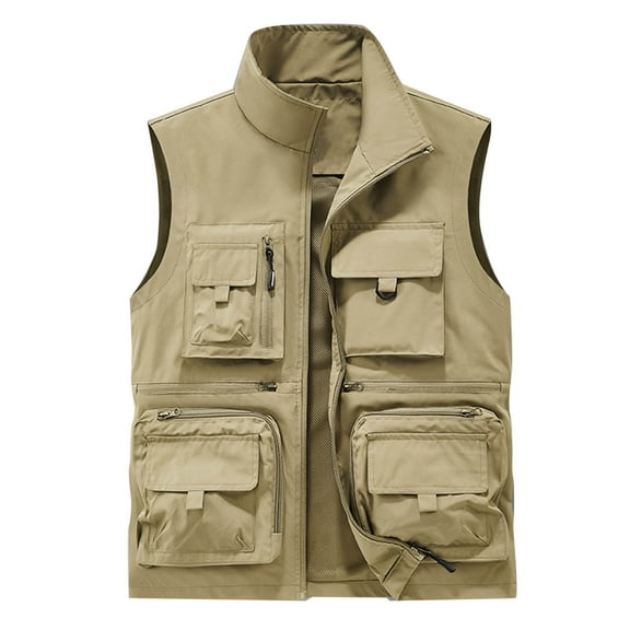 Riecok Cargo Vest for Men Stand up Collar Sleeveless Jackets Zip up Coats with Pockets Casual Athletic Outerwear