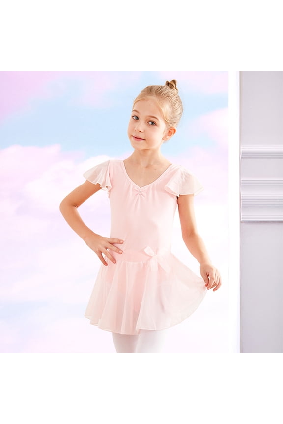 Childrens Girls Ballet Dance Leotard Dancewear Dress Flutter Sleeve Skirted Practice Performance Recital Open Crotch Ages 2-13 Years Pink 12 T