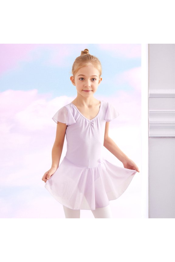 Childrens Girls Ballet Dance Leotard Dancewear Dress Flutter Sleeve Skirted Practice Performance Recital Open Crotch Ages 2-13 Years Purple 10 T