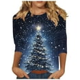 thumbnail image 1 of Riecok Christmas 3/4 Sleeve Tops Crewneck Christmas Tree Printed Loose Shirts Basic Tee Blouses Blue 5XL, 1 of 5