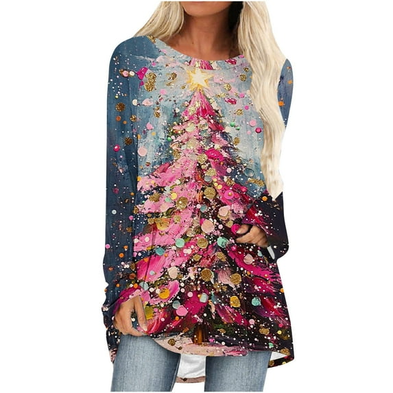 Riecok Christmas Long Sleeve Shirts Women Round Neck Tunic Tops Xmas Tree Print Raglan Sleeve Blouses Cozy Dressy Clothes