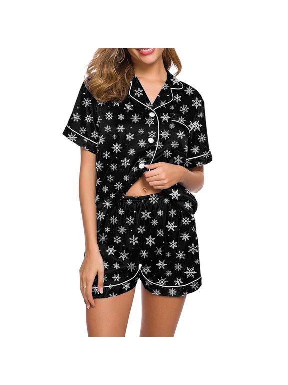 Christmas Pajama Sets for Women Snowflakes Print 2 Piece PJs Sleepwear Button down Shirt and Shorts Holiday Loungewear