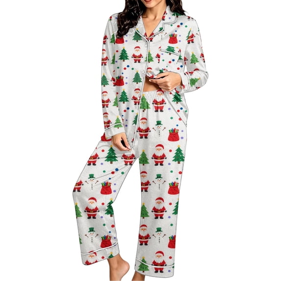 Riecok Christmas Pajama Sets for Women Xmas Tree Claus Printed 2 Piece PJs Sleepwear Button down Shirt and Pant Holiday Loungewear