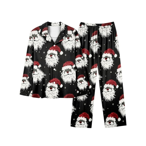 Riecok Christmas Pajamas for Women Long Sleeve Santa Claus Printed Button up Shirt and Wide Leg Pant Holiday Cozy Nightwear Outfits